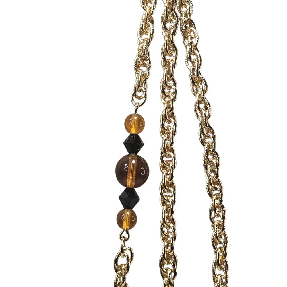 Joan Rivers Necklace Women's Triple Strand Amber Black Beaded Goldtone Chain